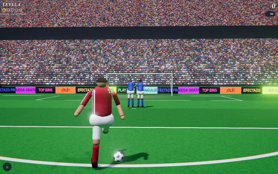 Efectazo free kick game: player runs up to the ball in a 3D stadium
